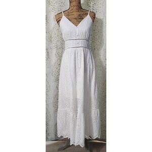 Eyelet Maxi Dress White Sleeveless V Neck Smocked Summer Casual Sun Dress